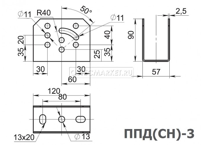 051713 Поворотно-потолочный держатель для средних нагрузок 30х50 мм, толщ. 2,5 мм, Сендзимир цинк ППД3-2,5-СЦ
